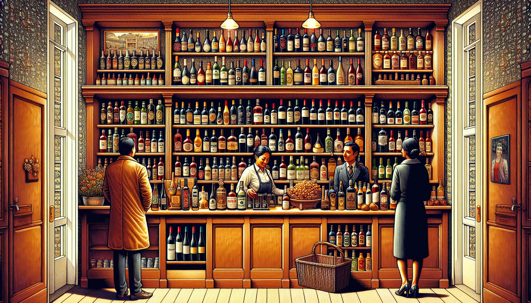 illustration of liquor store with various alcoholic beverages